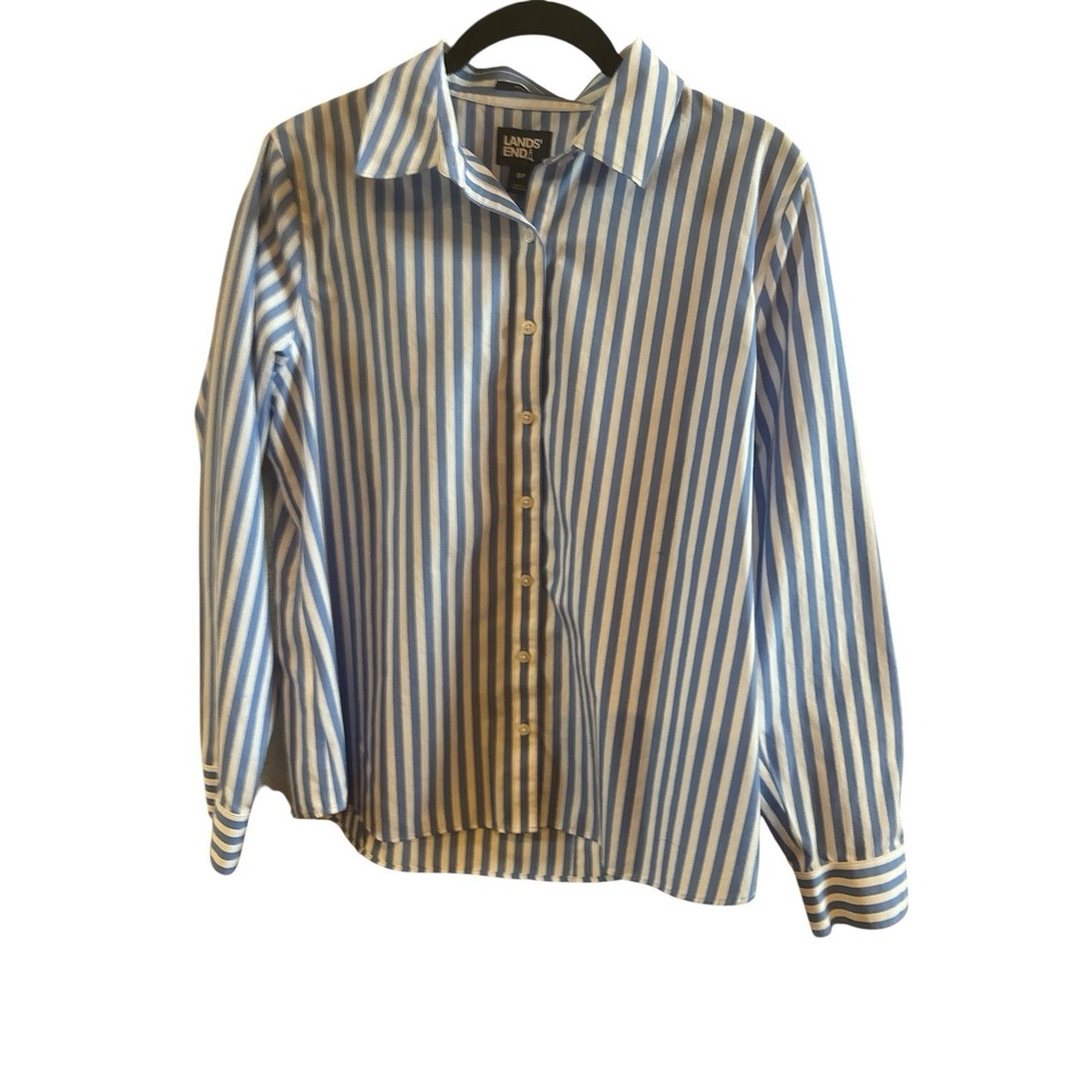 Land's End Non Iron Supima Cotton Blue White Striped Woman's Size 8 Petite Shirt
